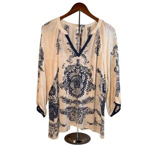 Bila Blouse Boho Pheasant Vibe Paisley V-neck Tan/Navy 3/4 Sleeves Size XL